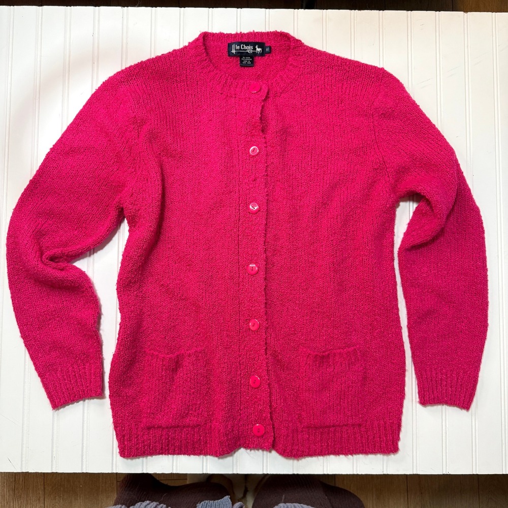Vintage Ile Chais Hot Pink Knit Cardigan Sweater Tagged Size XL 80s